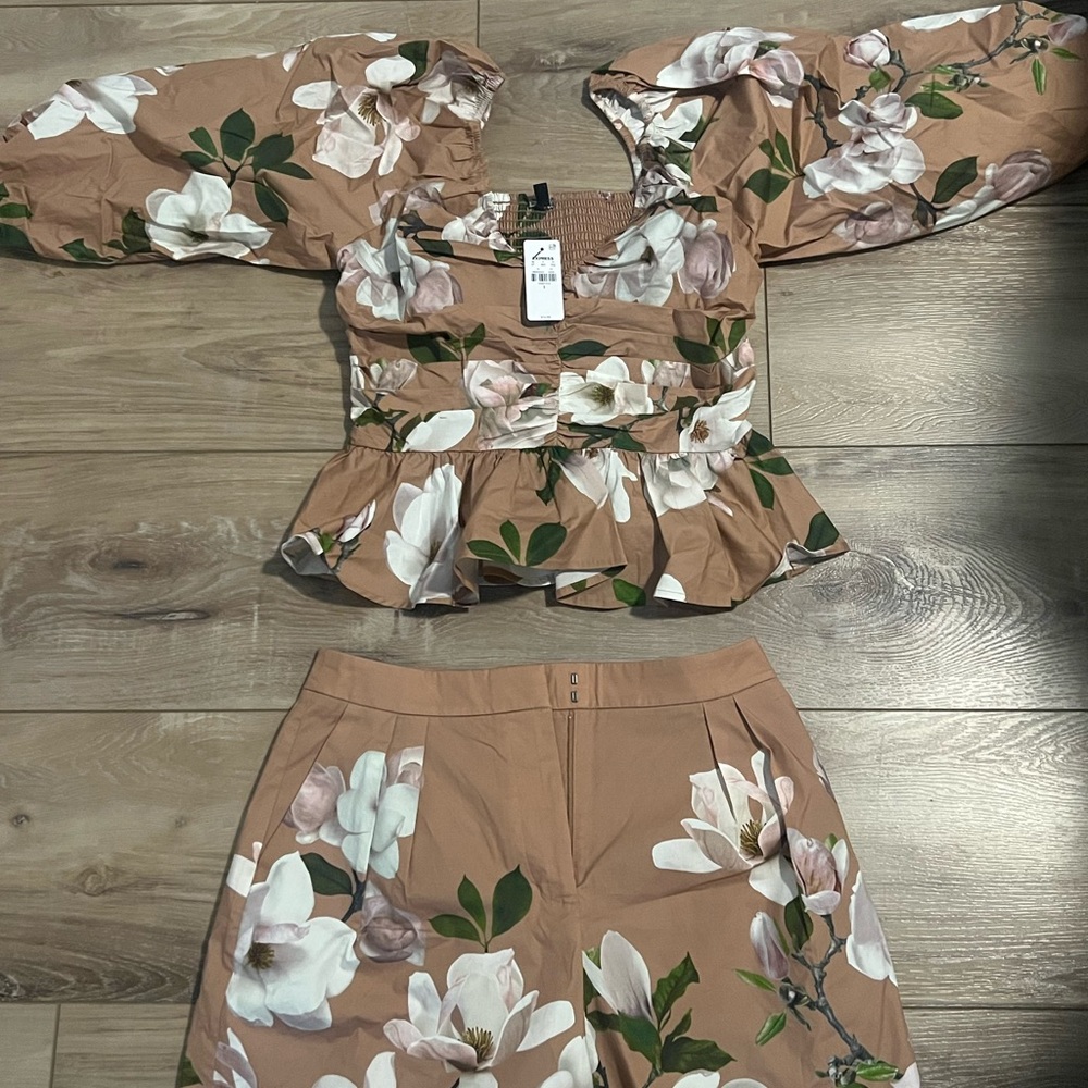 Express Floral High Waist Shorts Set - Brown and White